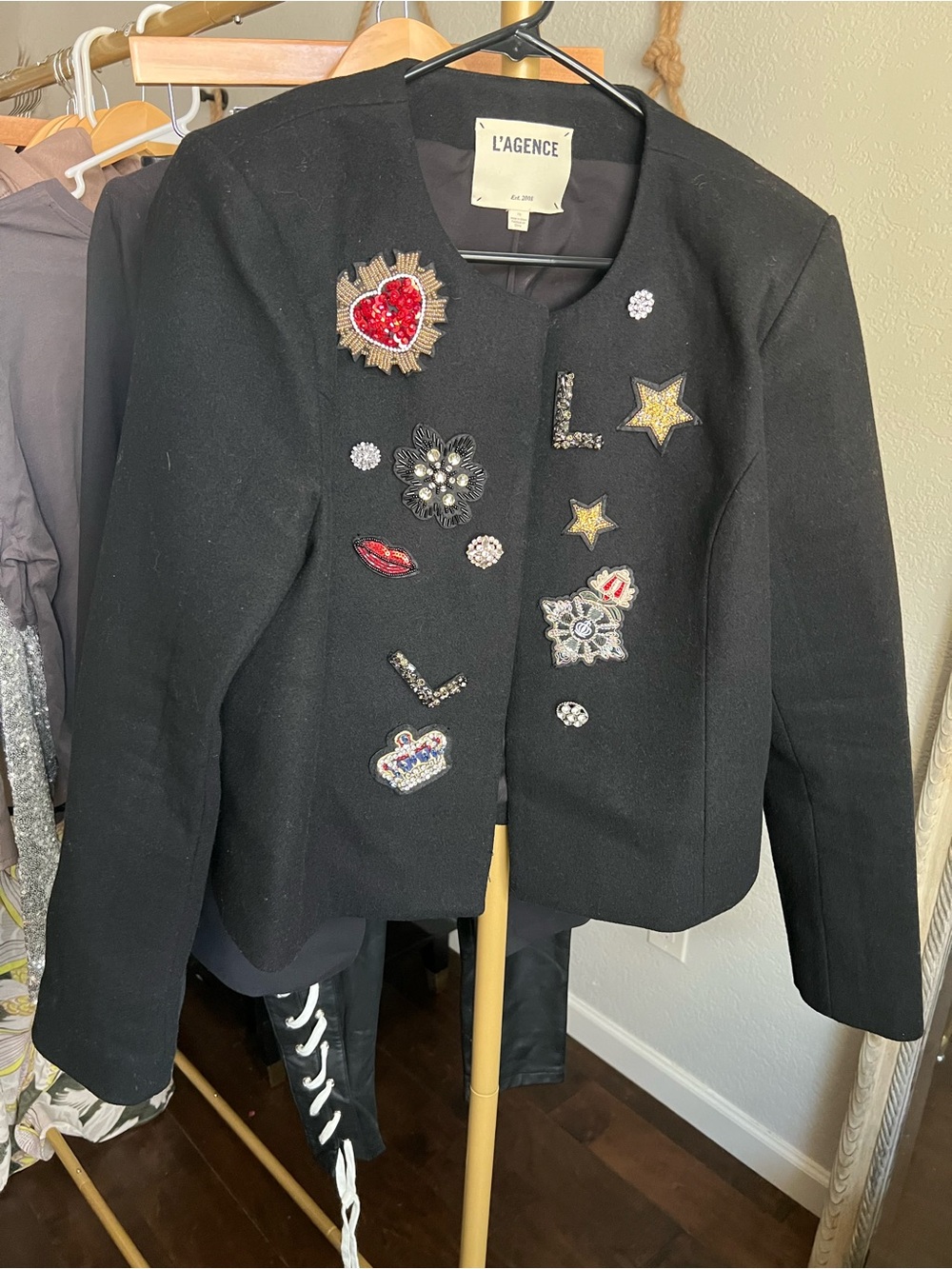 L'AGENCE Black Embellished Cropped Blazer - Picture 2 of 4